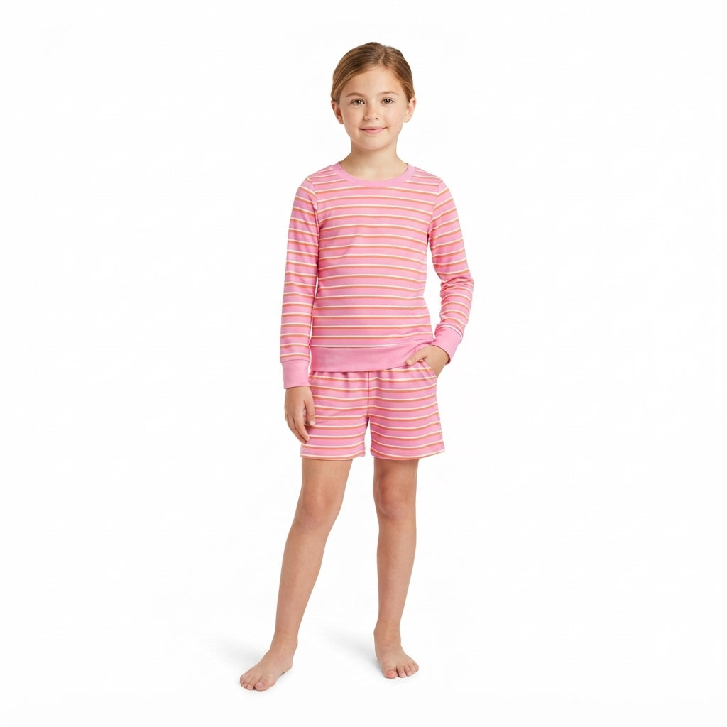 Baby Girls Pink Stripe Long Sleeve Top Pockets Short Yoga Active Clothes Set