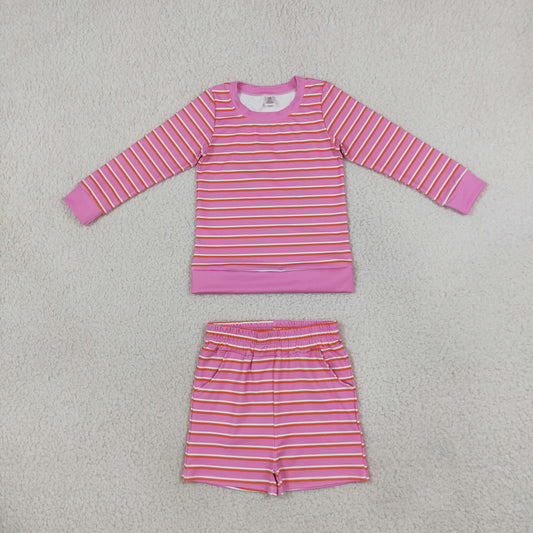 Baby Girls Pink Stripe Long Sleeve Top Pockets Short Yoga Active Clothes Set