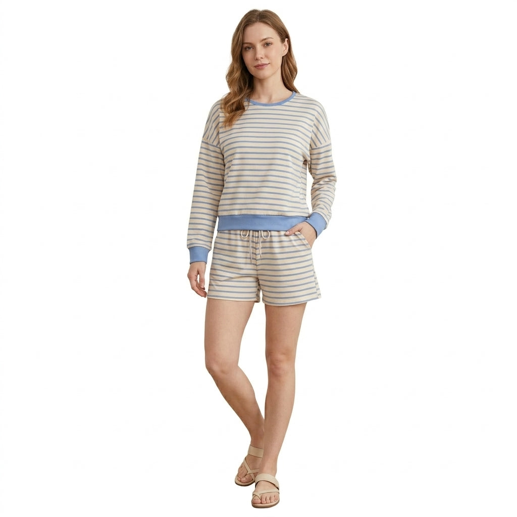 Adult Women Blue Stripe Top Pockets Short Yoga Active Clothes Set