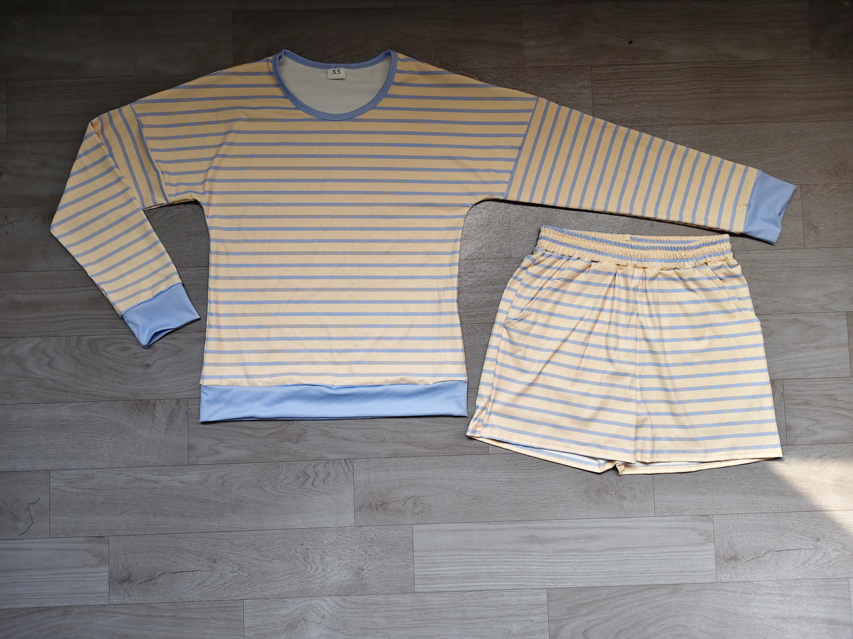Adult Women Yellow Blue Stripe Shirt Top Short Yoga Active Clothes Set Preorder