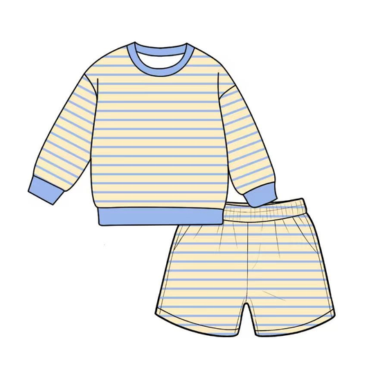 Preorder moq 5 Adult Women Yellow Blue Stripe Shirt Top Short Yoga Active Clothes Set