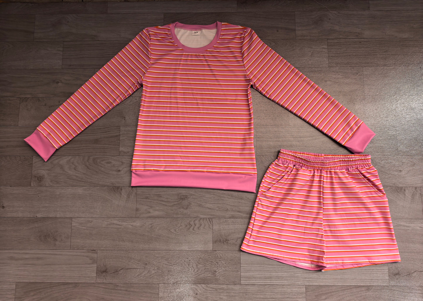 Adult Women Pink Stripe Shirt Top Short Yoga Active Clothes Set Preorder