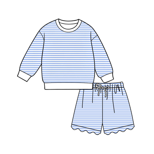 Preorder moq 5 Adult Women Blue Stripe Shirt Top Scallop Short Yoga Active Clothes Set