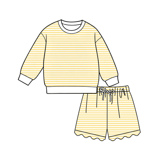 Preorder moq 5 Adult Women Yellow Stripe Shirt Top Scallop Short Yoga Active Clothes Set