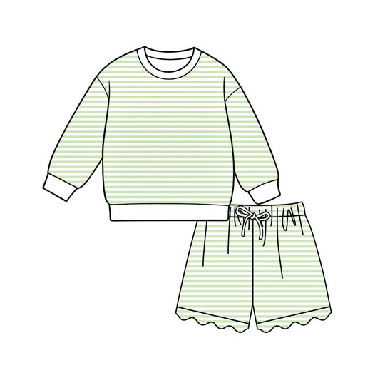 Preorder moq 5 Adult Women Green Stripe Shirt Top Scallop Short Yoga Active Clothes Set