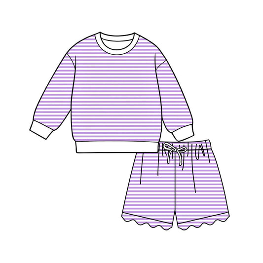 Preorder moq 5 Adult Women Purple Stripe Shirt Top Scallop Short Yoga Active Clothes Set