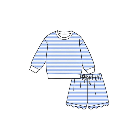 Preorder moq 5 Baby Girls Blue Stripe Shirt Top Scallop Short Yoga Active Clothes Set