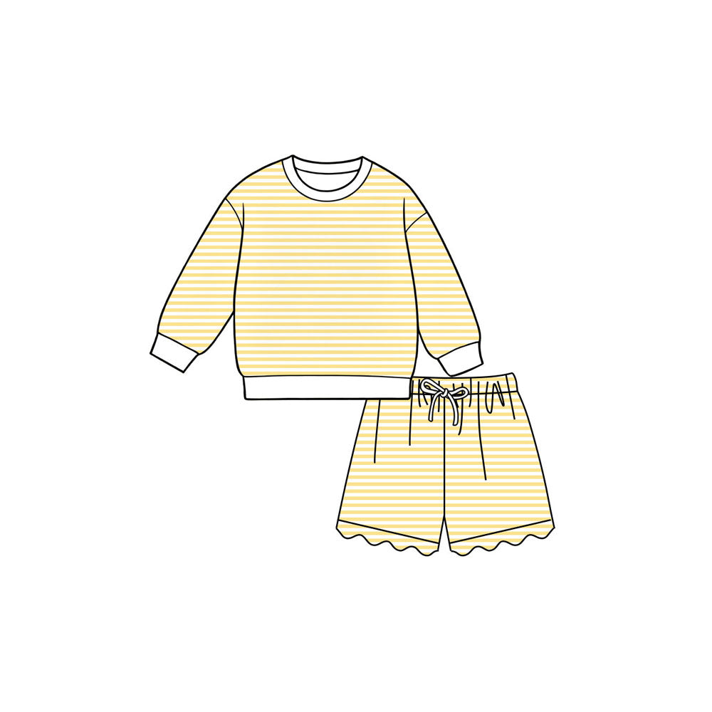 Preorder moq 5 Baby Girls Yellow Stripe Shirt Top Scallop Short Yoga Active Clothes Set