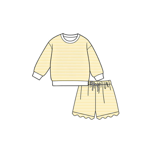 Preorder moq 5 Baby Girls Yellow Stripe Shirt Top Scallop Short Yoga Active Clothes Set