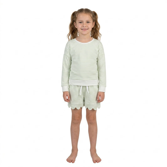 Baby Girls Light Green Stripe Long Sleeve Top Pockets Scallop Short Yoga Active Clothes Set