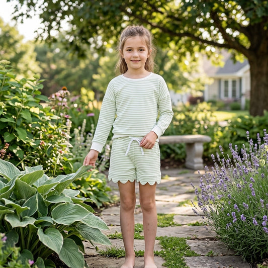 Baby Girls Light Green Stripe Long Sleeve Top Pockets Scallop Short Yoga Active Clothes Set