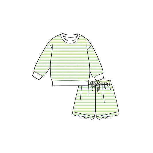 Preorder moq 5 Baby Girls Green Stripe Shirt Top Scallop Short Yoga Active Clothes Set