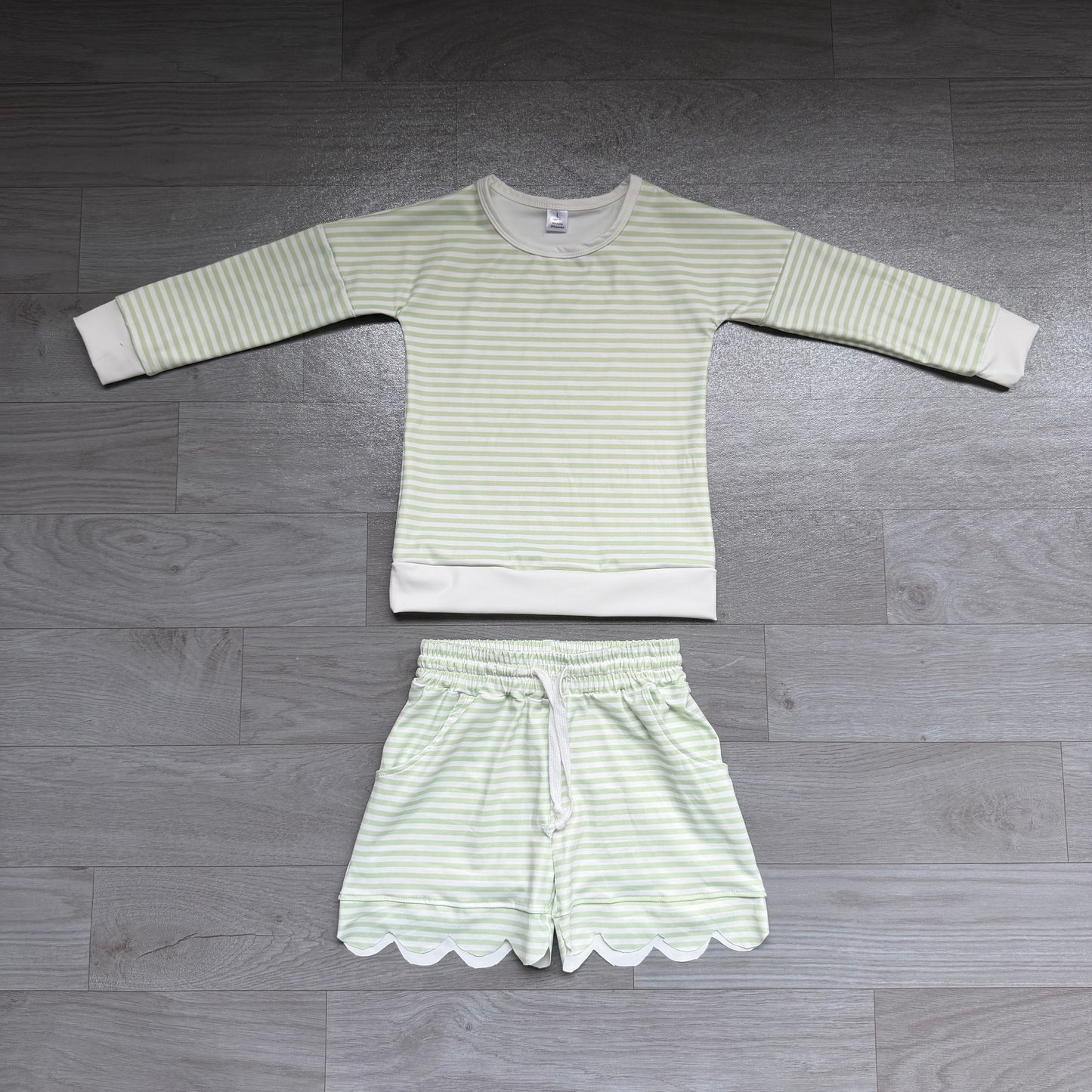 Baby Girls Green Stripe Shirt Top Scallop Short Yoga Active Clothes Set Preorder