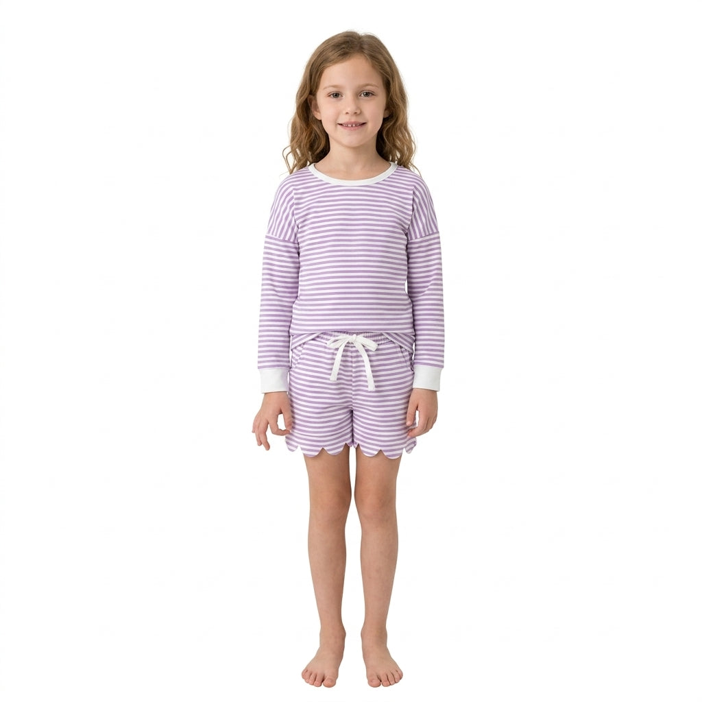 Baby Girls Purple Stripe Long Sleeve Top Pockets Scallop Short Yoga Active Clothes Set