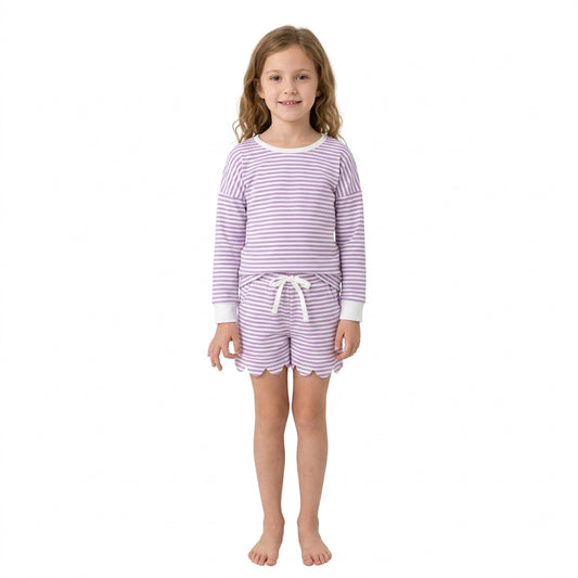 Baby Girls Purple Stripe Long Sleeve Top Pockets Scallop Short Yoga Active Clothes Set