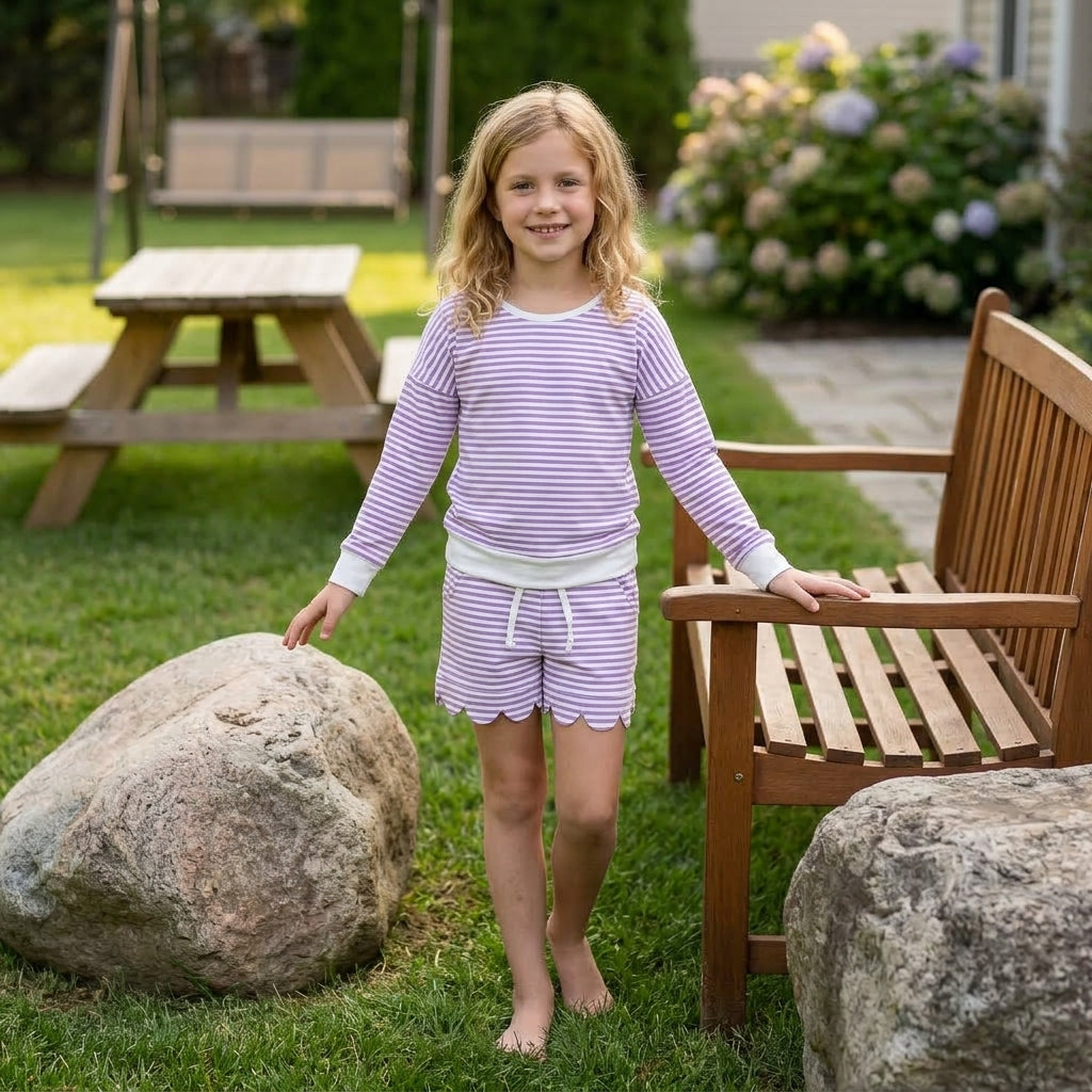 Baby Girls Purple Stripe Long Sleeve Top Pockets Scallop Short Yoga Active Clothes Set