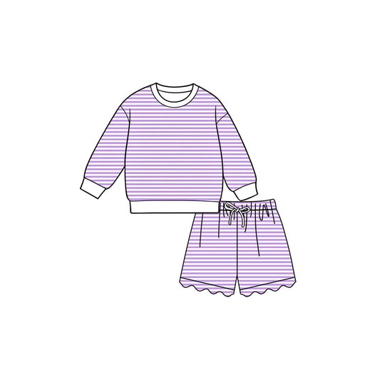 Preorder moq 5 Baby Girls Purple Stripe Shirt Top Scallop Short Yoga Active Clothes Set