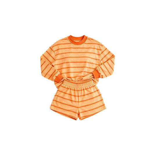 Preorder moq 5 Baby Girls Orange Stripe Shirt Top Short Yoga Active Clothes Set