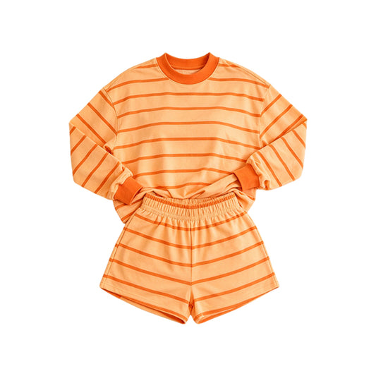Preorder moq 5 Adult Women Orange Stripe Shirt Top Short Yoga Active Clothes Set