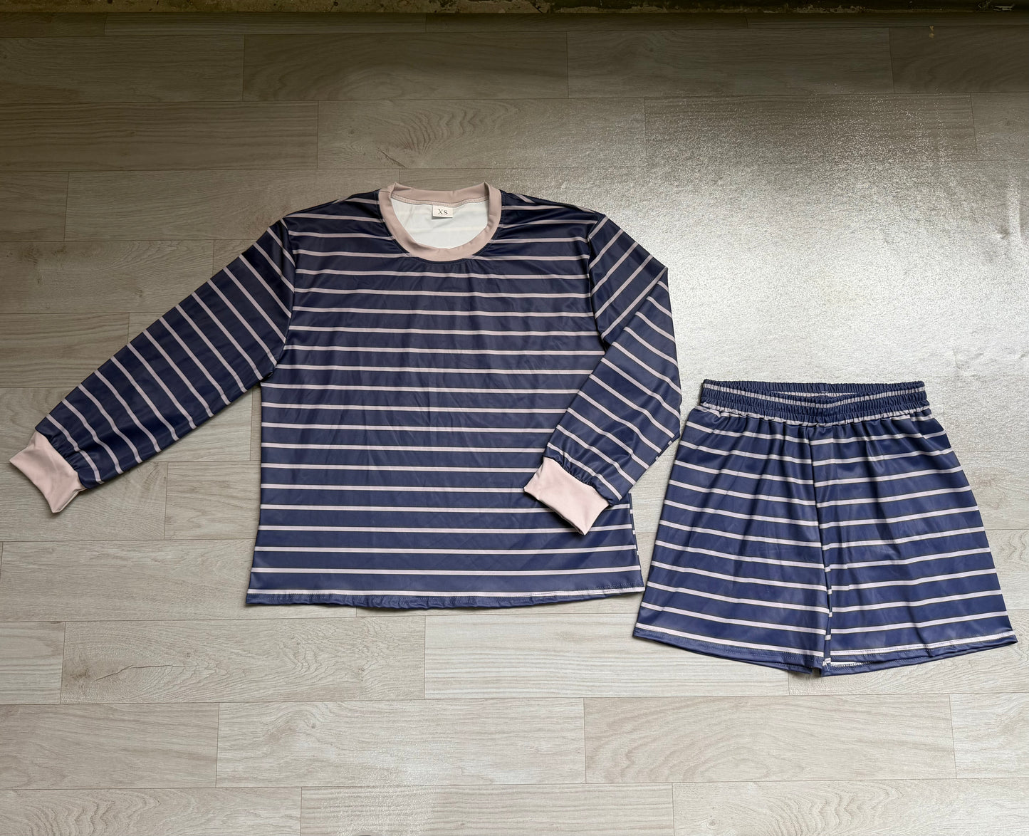 Adult Women Grey Navy Stripe Shirt Top Short Yoga Active Clothes Set Preorder