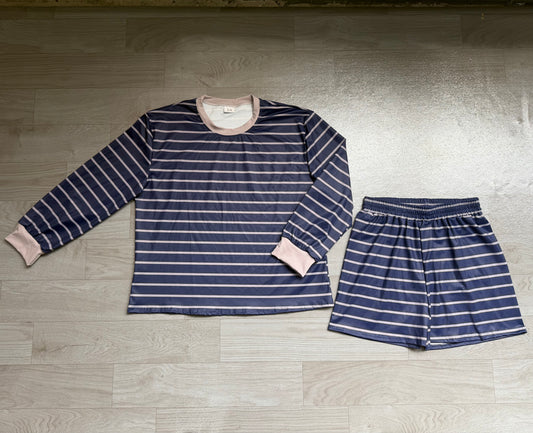 Adult Women Grey Navy Stripe Shirt Top Short Yoga Active Clothes Set Preorder