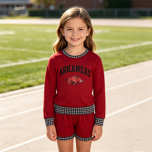 Baby Girls Vinyl Arkansas Long Sleeve Top Pockets Short Team Clothes Set