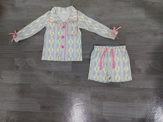 Baby Girls Blue Bows Trees Button Pocket Top Short Christmas Pajamas Sets Preorder