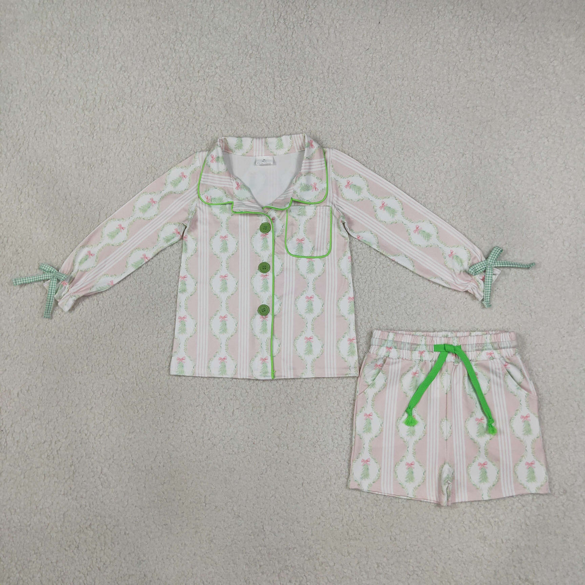 Mama and Me Girls Pink Bows Trees Button Pocket Long Sleeves Short Pajamas Sets