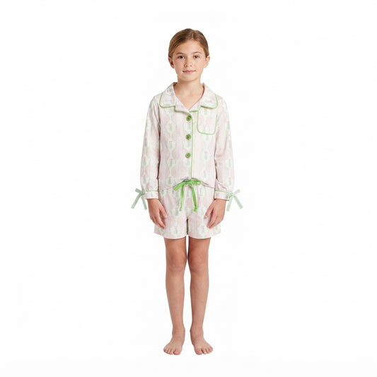 Baby Girls Pink Bows Trees Button Pocket Top Short Christmas Pajamas Sets