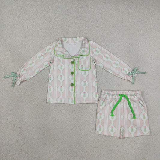 Baby Girls Pink Bows Trees Button Pocket Top Short Christmas Pajamas Sets