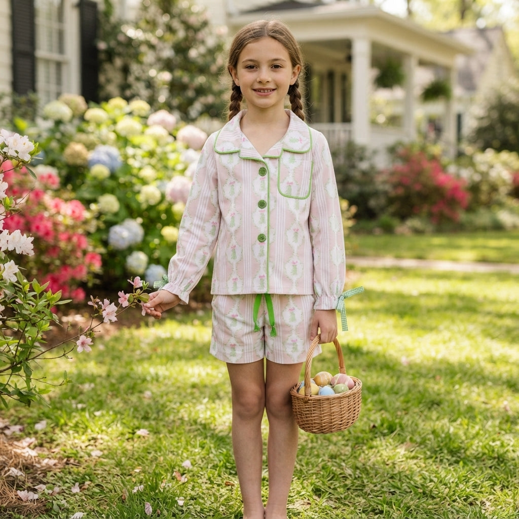 Baby Girls Pink Bows Trees Button Pocket Top Short Christmas Pajamas Sets