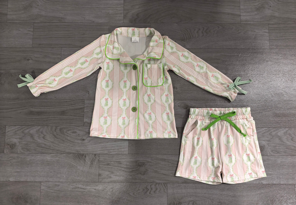 Baby Girls Pink Bows Trees Button Pocket Top Short Christmas Pajamas Sets Preorder