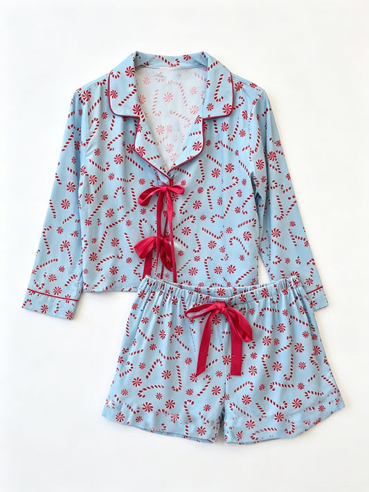 Preorder moq 5 Baby Girls Candy Cane Snowflakes Button Pocket Top Short Christmas Pajamas Sets