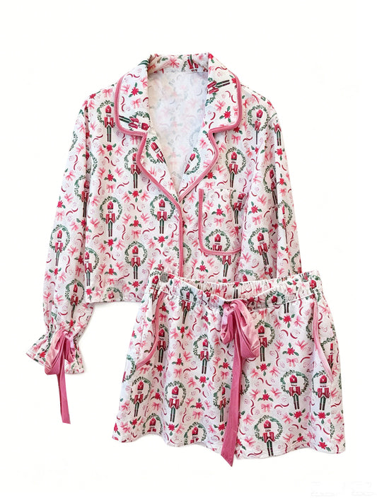 Preorder moq 5 Baby Girls Bows Soldiers Button Pocket Top Short Christmas Pajamas Sets