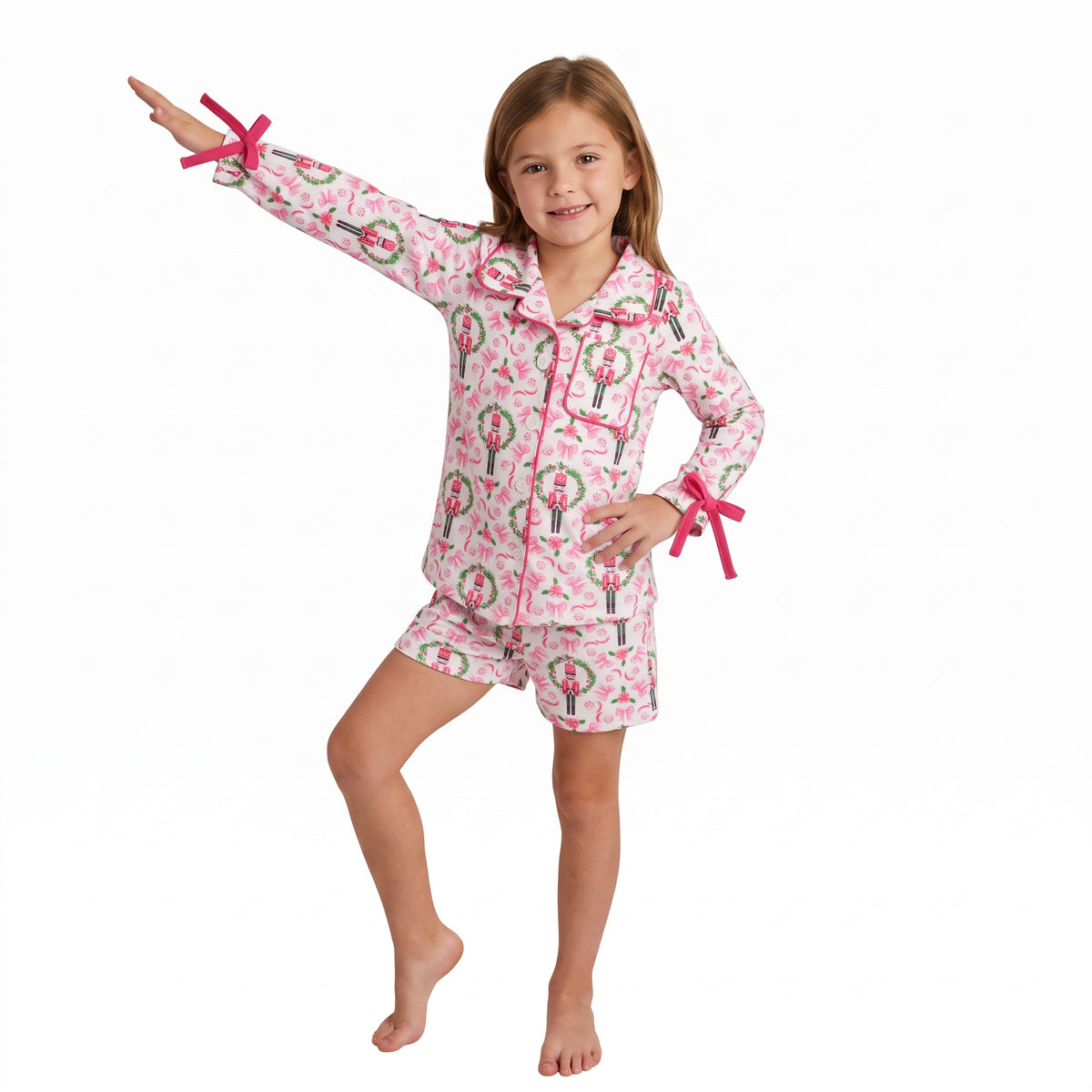 Baby Girls Bows Soldiers Button Top Pocket Short Christmas Pajamas Sets