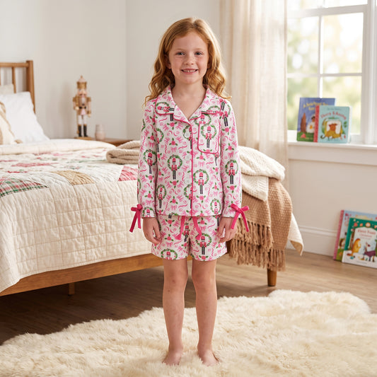 Baby Girls Bows Soldiers Button Top Pocket Short Christmas Pajamas Sets