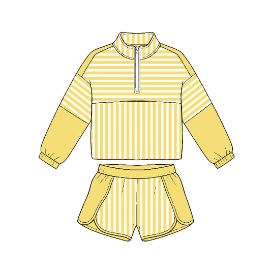 Preorder moq 5 Baby Girls Yellow Stripe Zip Pullovers Short Yoga Active Clothes Set