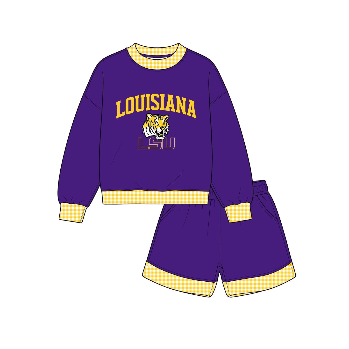 Preorder moq 5 Adult Women Louisiana Tiger Long Sleeve Top Short Team Clothes Set