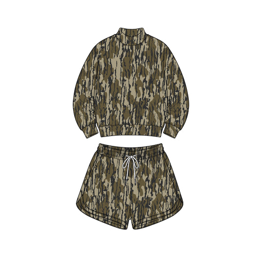 Preorder moq 5 Adult Women Wood Camo Long Sleeve Top Pockets Shorts Yoga Active Clothes Set