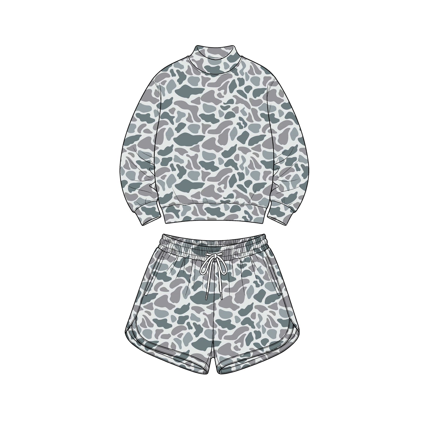 Preorder moq 5 Adult Women Light Grey Camo Long Sleeve Top Pockets Shorts Yoga Active Clothes Set