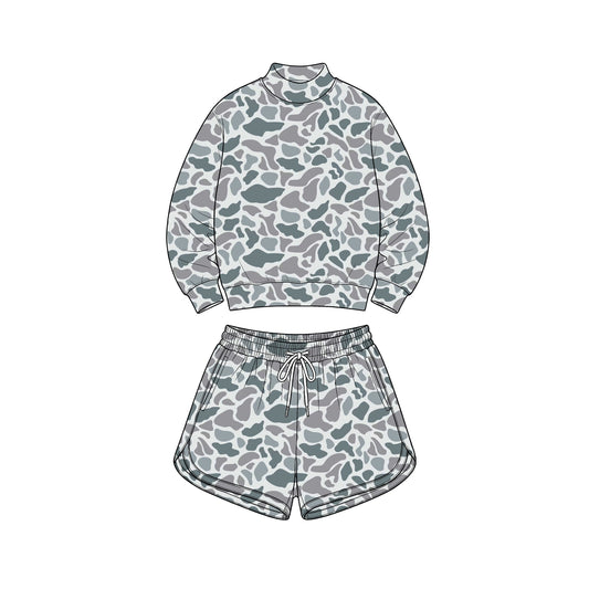 Preorder moq 5 Adult Women Light Grey Camo Long Sleeve Top Pockets Shorts Yoga Active Clothes Set