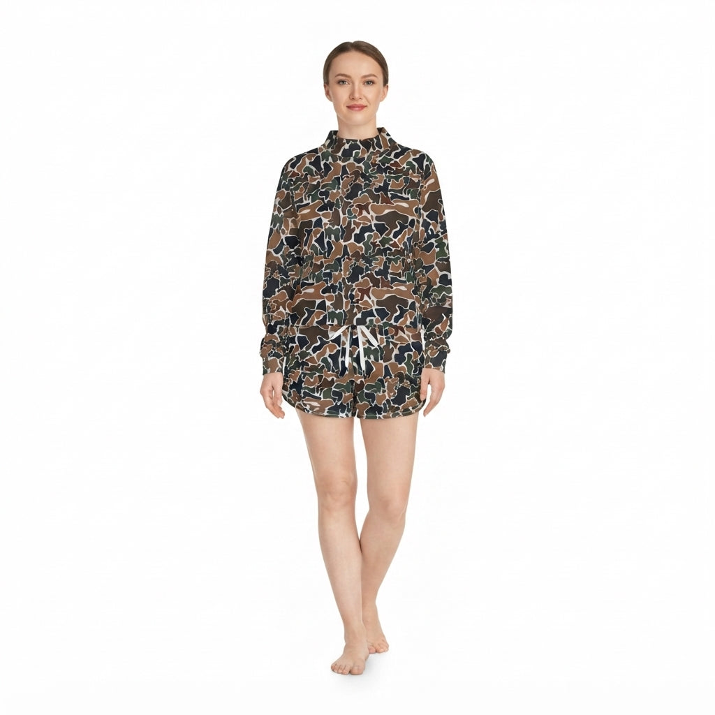 Adult Women Dark Brown Camo Long Sleeve Top Pockets Shorts Yoga Active Clothes Set