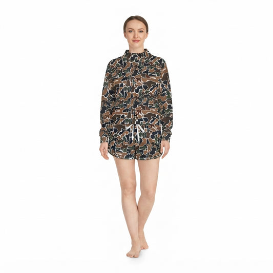 Adult Women Dark Brown Camo Long Sleeve Top Pockets Shorts Yoga Active Clothes Set