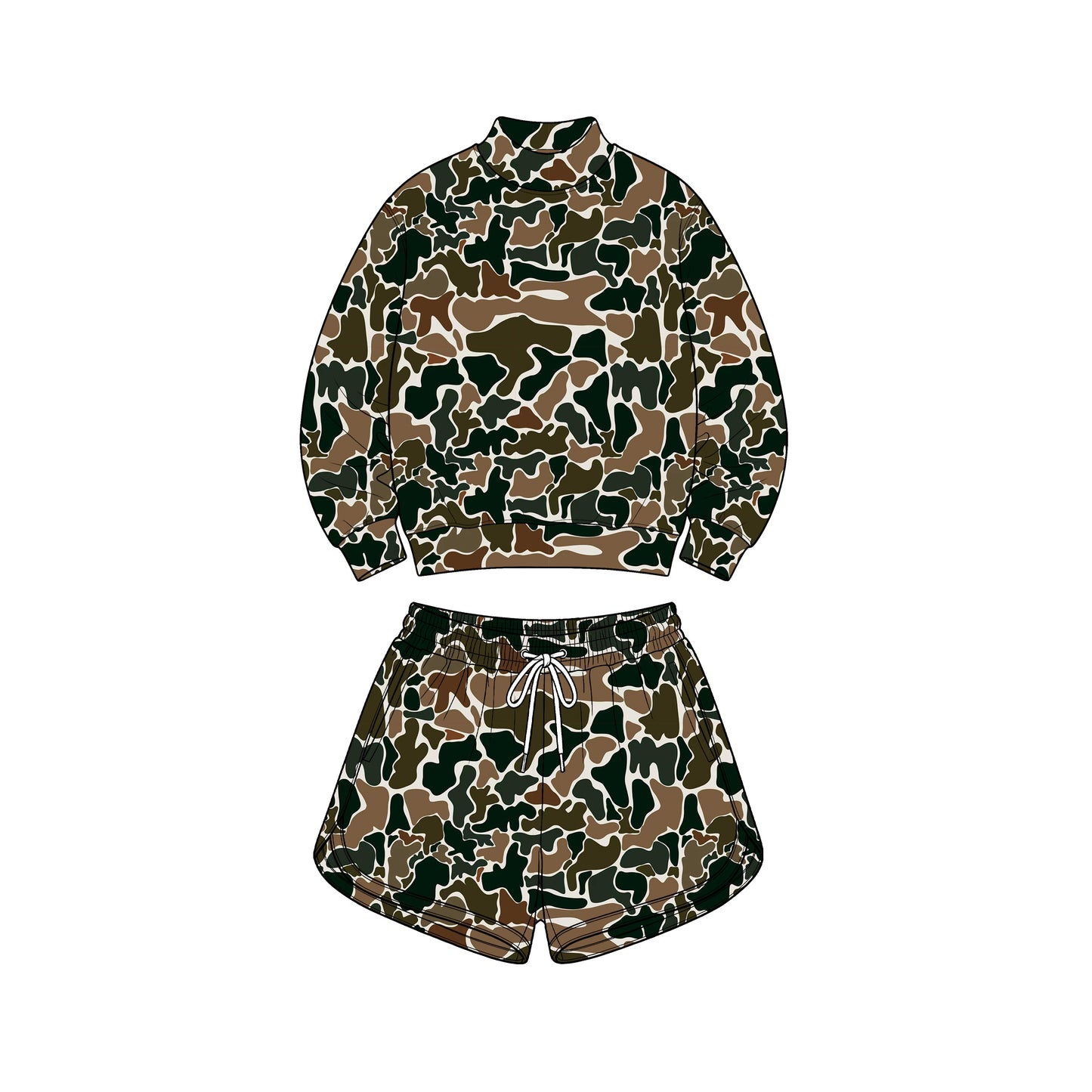 Preorder moq 5 Adult Women Dark Brown Camo Long Sleeve Top Pockets Shorts Yoga Active Clothes Set