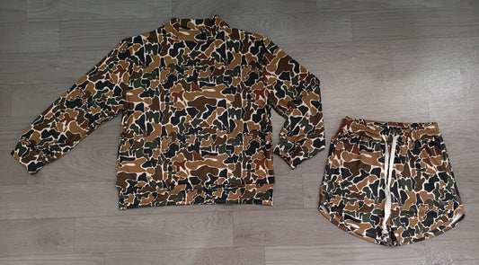 Adult Women Dark Brown Camo Long Sleeve Top Pockets Shorts Yoga Active Clothes Set Preorder