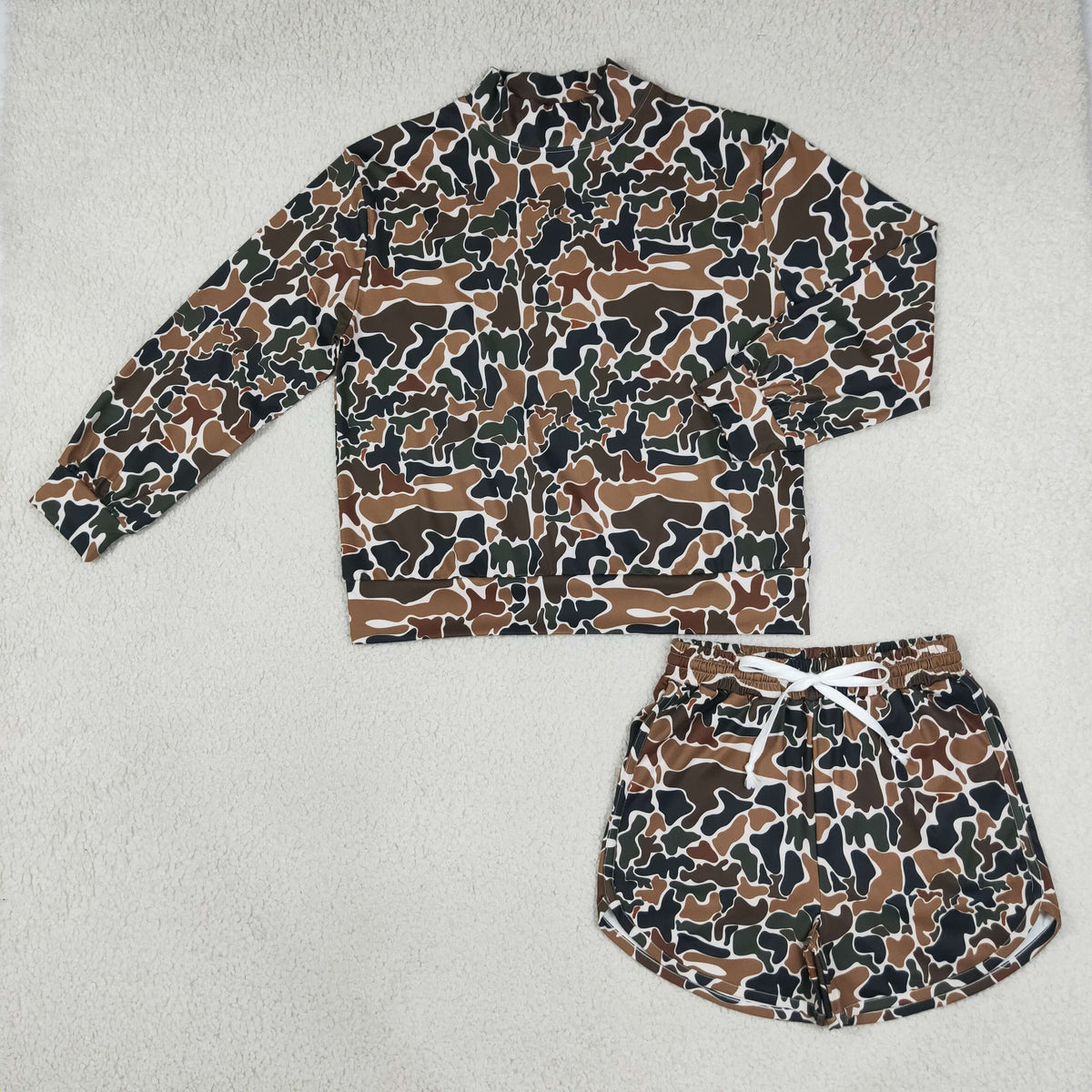 Adult Women Dark Brown Camo Long Sleeve Top Pockets Shorts Yoga Active Clothes Set