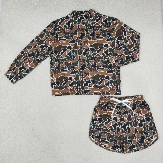 Adult Women Dark Brown Camo Long Sleeve Top Pockets Shorts Yoga Active Clothes Set
