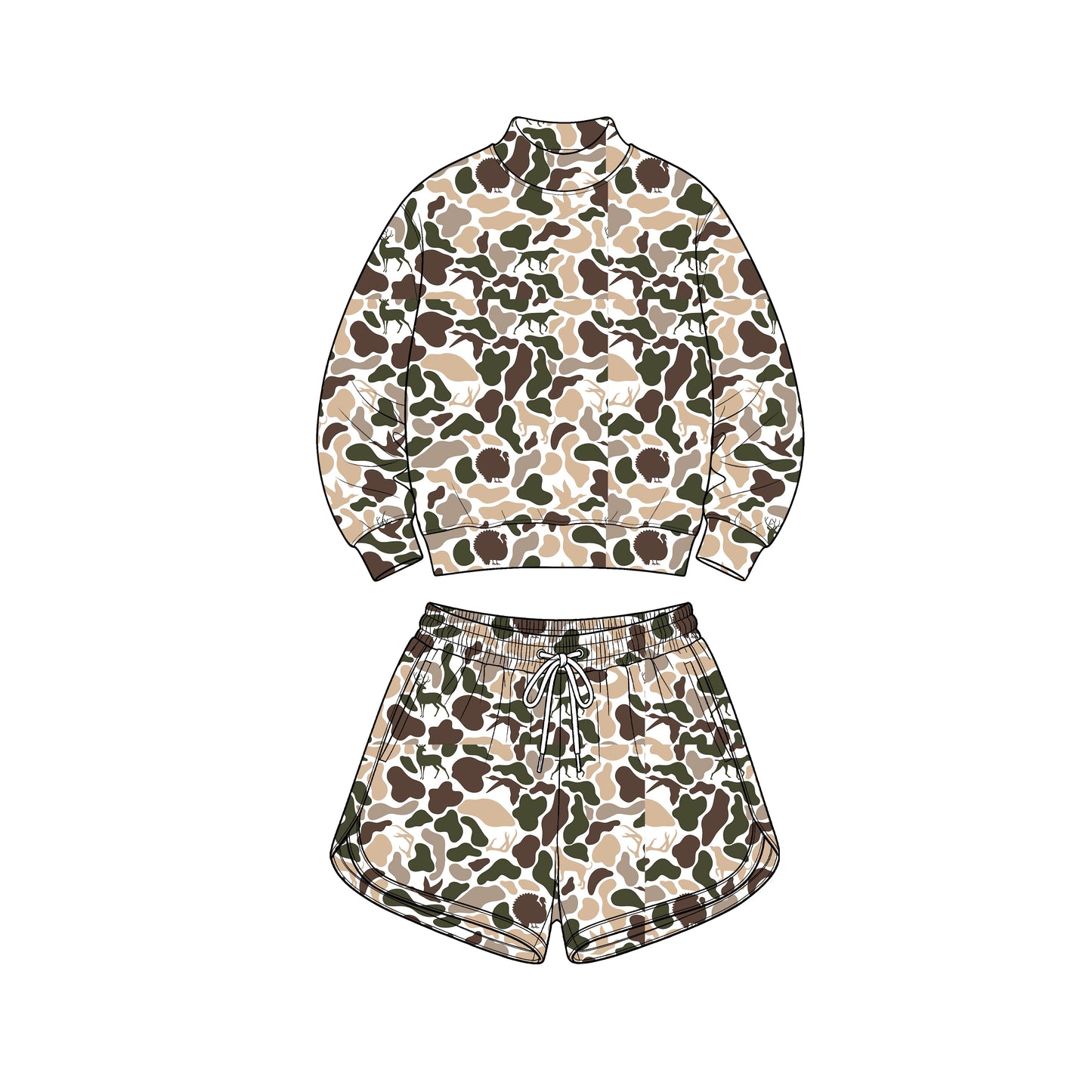 Preorder moq 5 Adult Women Deer Dogs Ducks Camo Long Sleeve Top Pockets Shorts Yoga Active Clothes Set