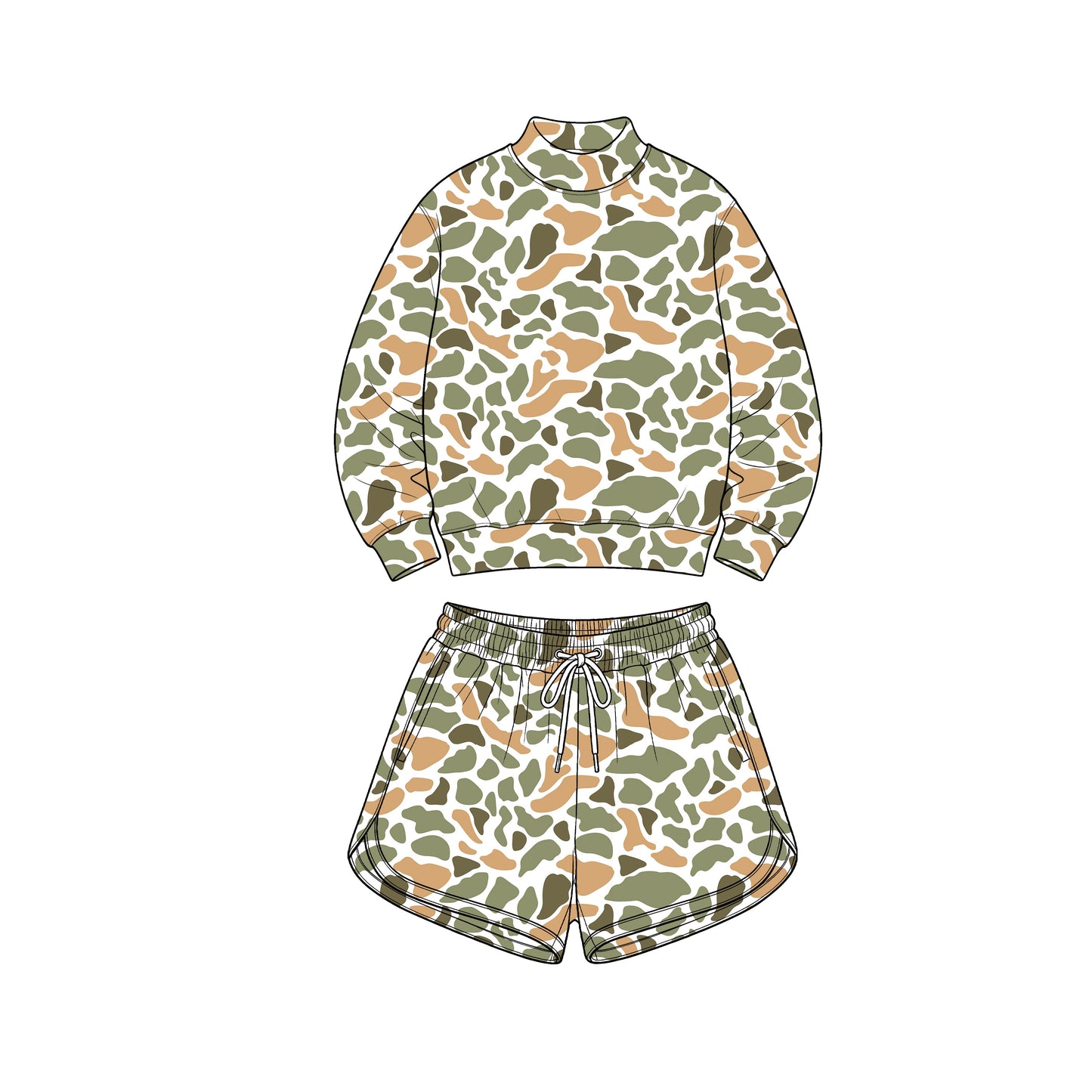 Preorder moq 5 Adult Women Green Yellow Camo Long Sleeve Top Pockets Shorts Yoga Active Clothes Set