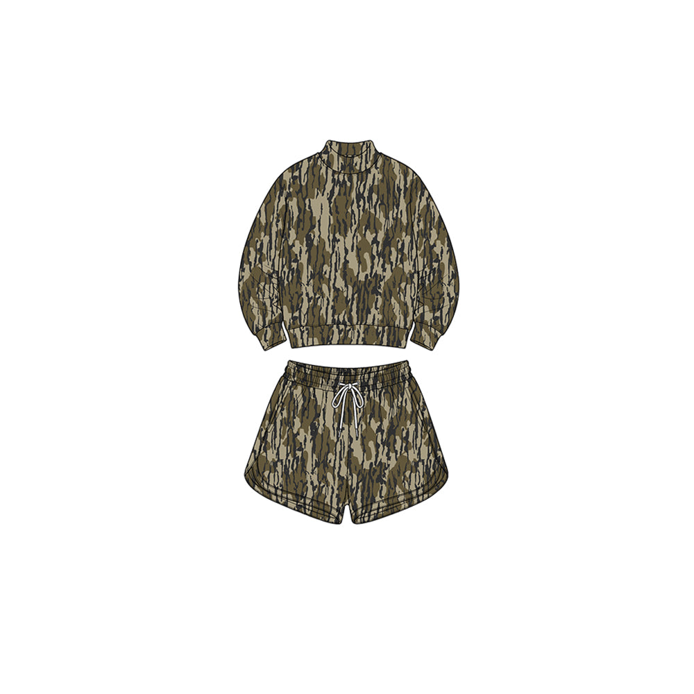 Preorder moq 5 Baby Girls Wood Camo Long Sleeve Top Pockets Shorts Yoga Active Clothes Set